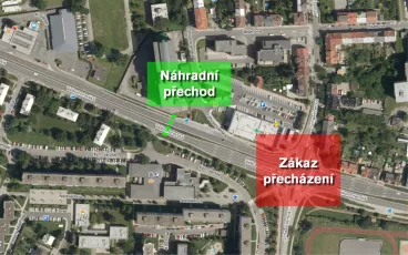 Zúžení u dočasného přechodu na Velkomoravské – kvůli bezpečnosti chodců