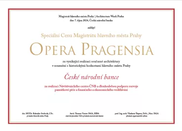 ČNB získala speciální Cenu Magistrátu hlavního města Prahy Opera Pragensia